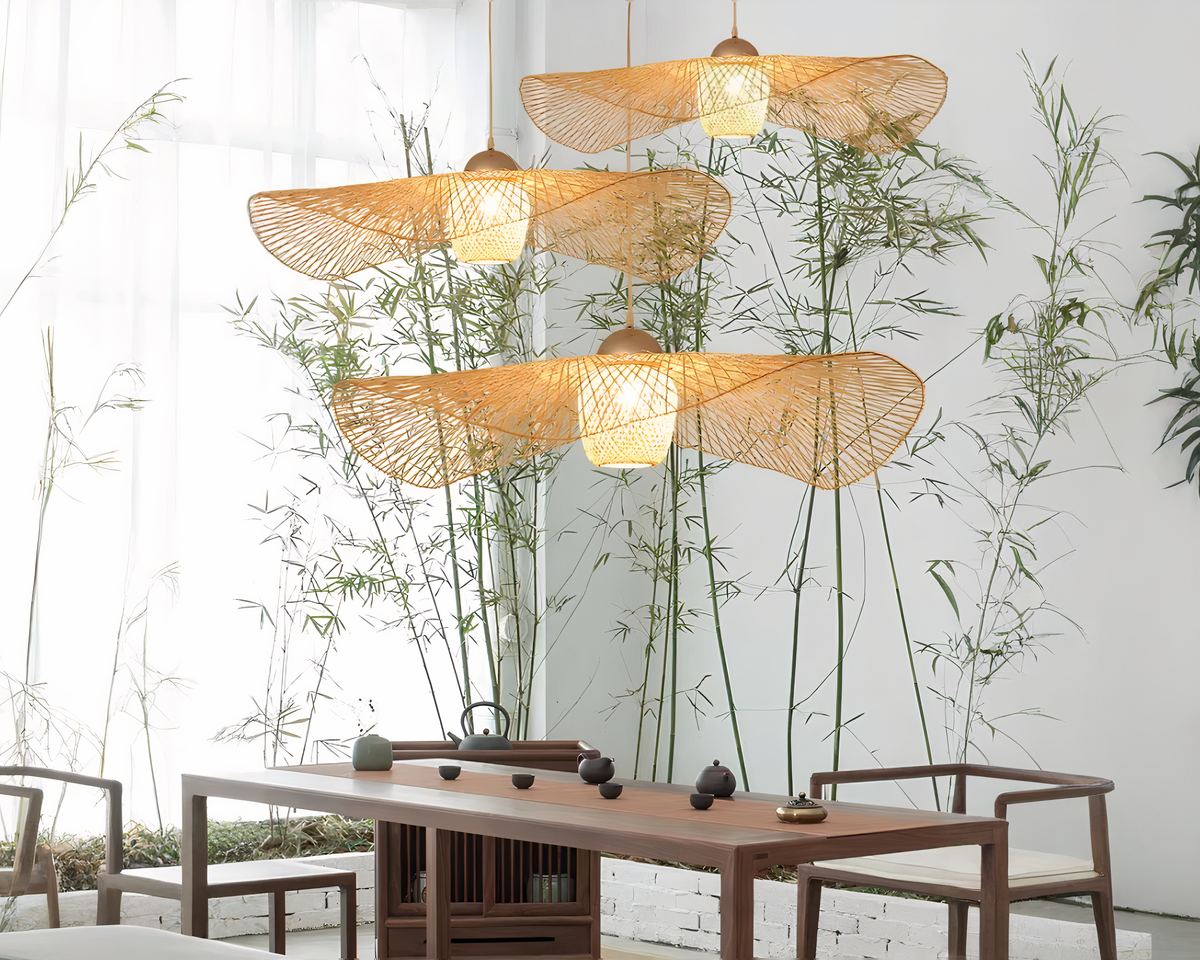 Lustre japonais abat-jour plat en bambou tissé, vue 5