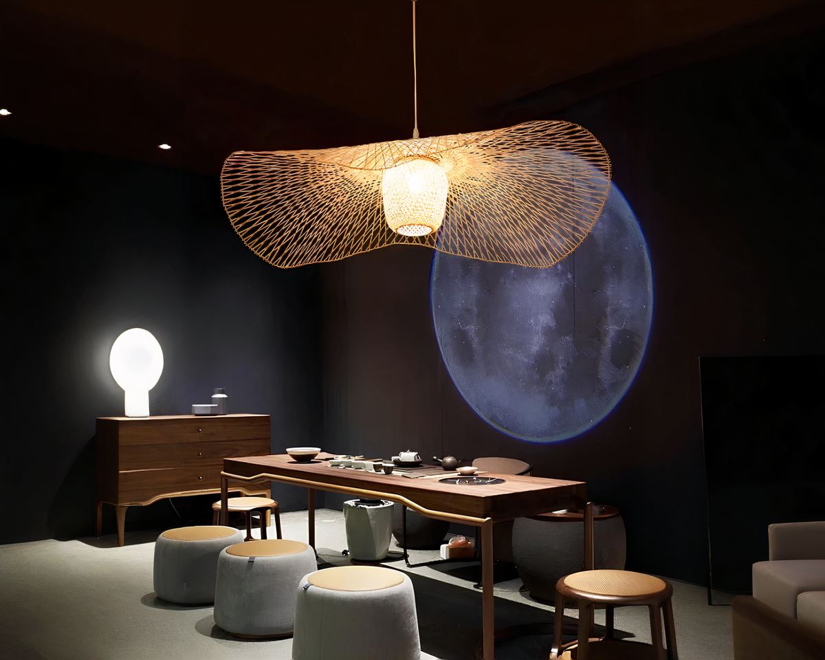 Lustre japonais abat-jour plat en bambou tissé, vue 6