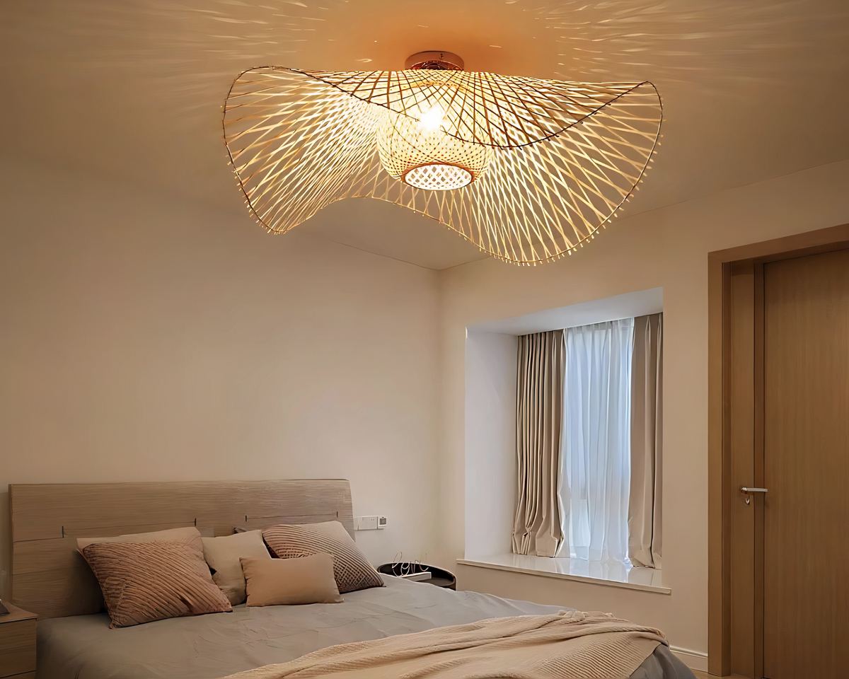 Lustre japonais abat-jour plat en bambou tissé, vue 7