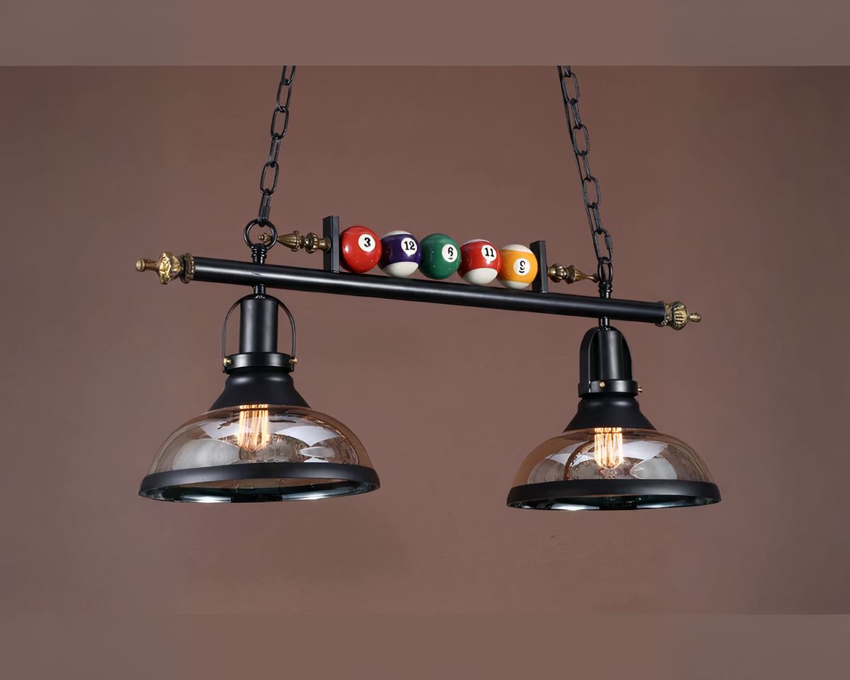 Lustre ancien de billard à deux abat-jours et chaînes, vue 3