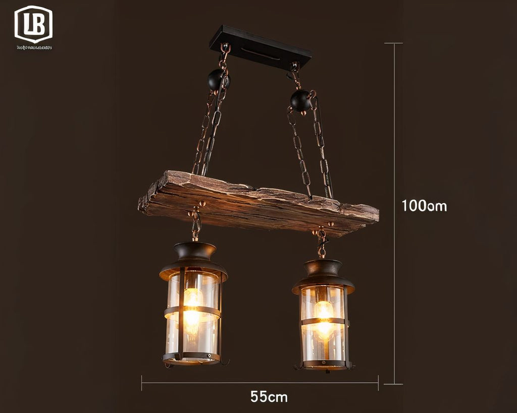 Lustre 3 suspensions rustique à lanternes sur planche de bois, vue 3