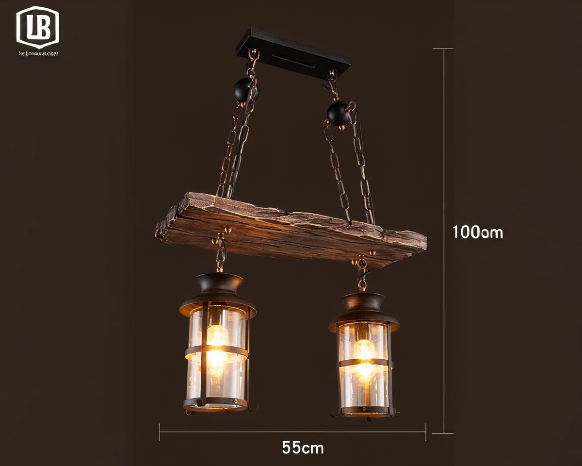 Lustre 3 suspensions rustique à lanternes sur planche de bois, vue 3