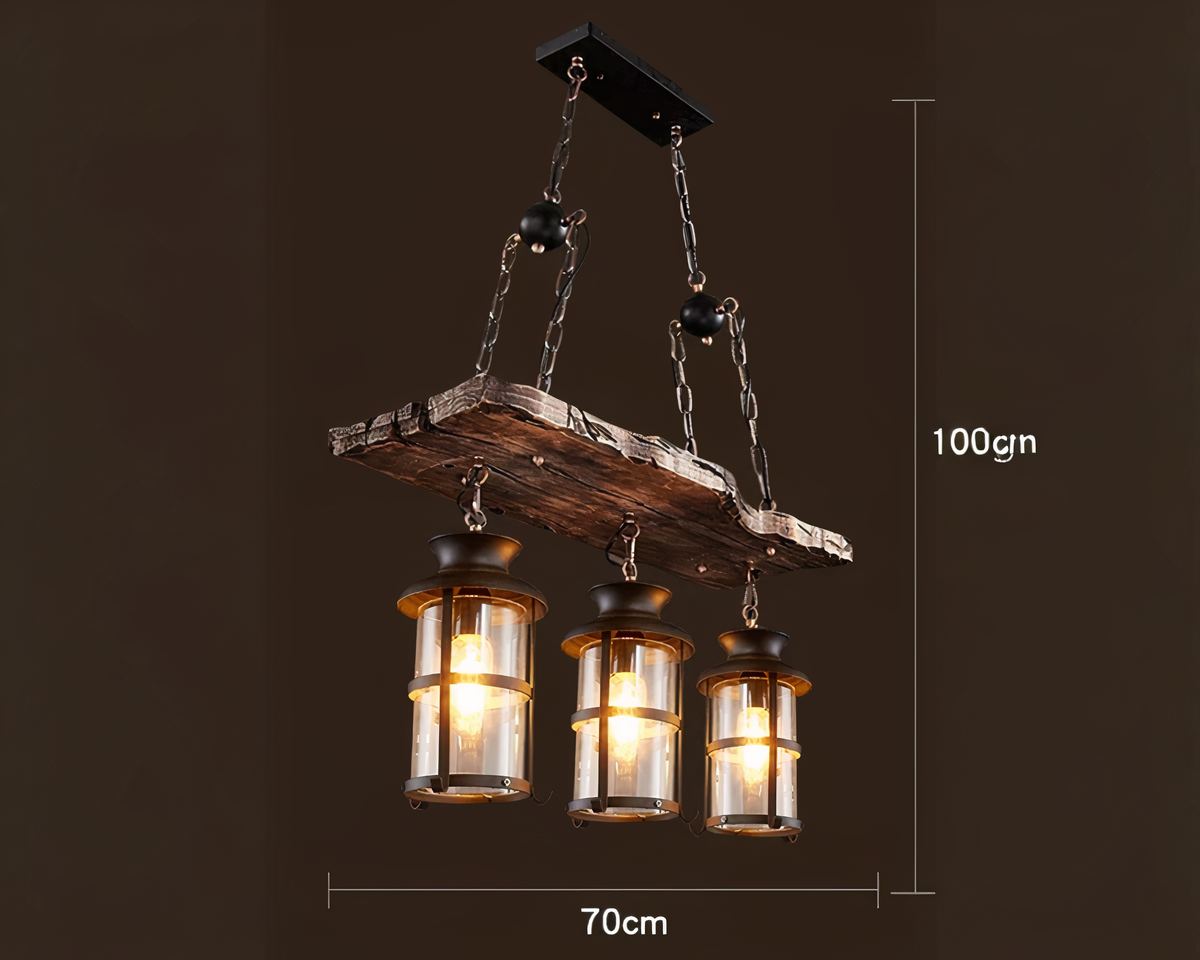 Lustre 3 suspensions rustique à lanternes sur planche de bois, vue 4
