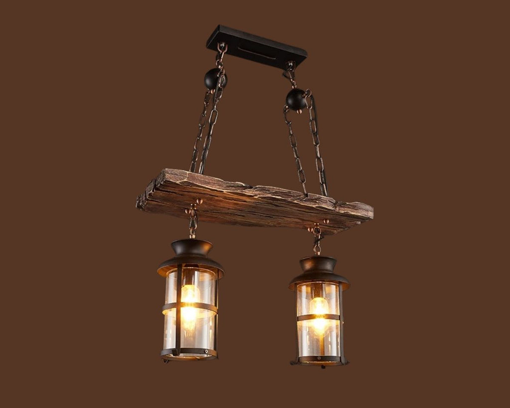 Lustre 3 suspensions rustique à lanternes sur planche de bois, vue 5