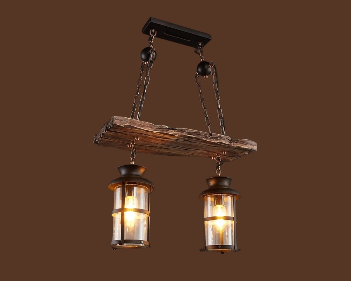 Lustre 3 suspensions rustique à lanternes sur planche de bois, vue 5