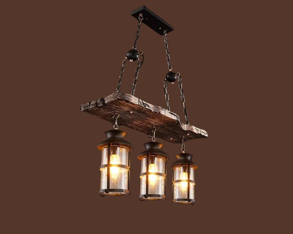 Lustre 3 suspensions rustique à lanternes sur planche de bois, vue 6