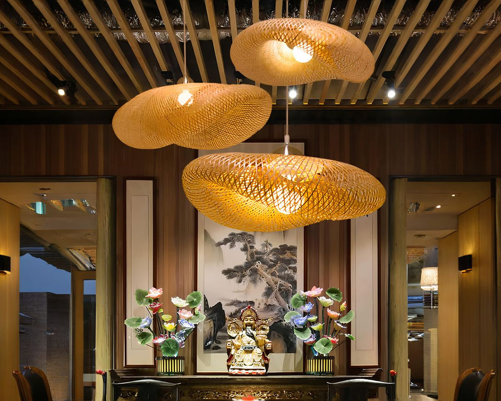 Lustre japonais chapeau en bambou tressé, vue 3