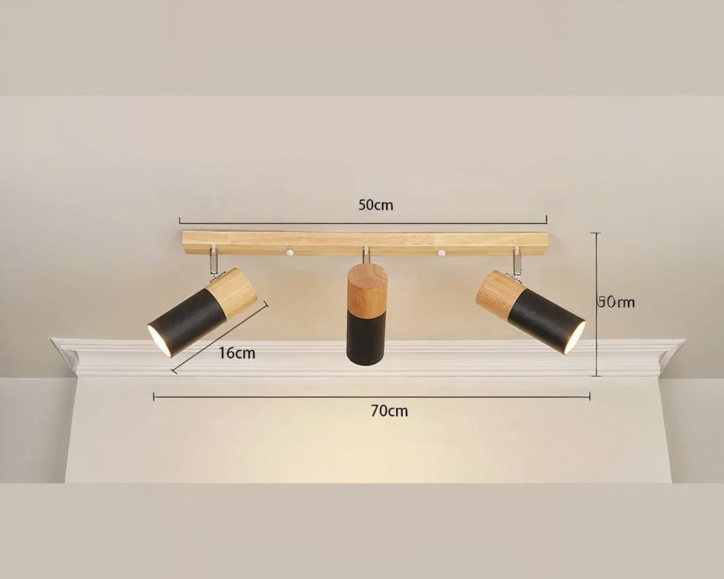 Lustre scandinave barre en bois à trois spots, vue 5