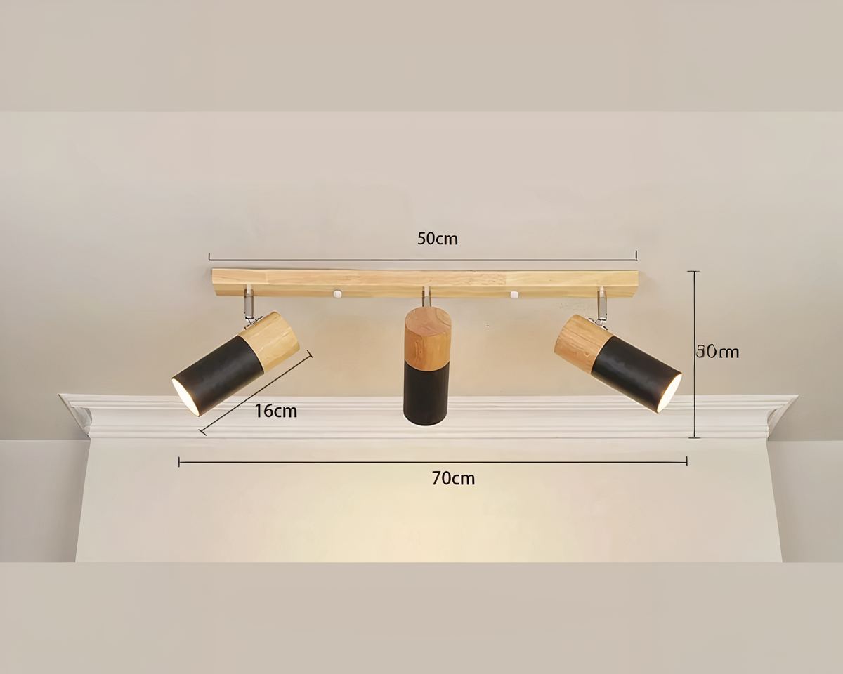 Lustre scandinave barre en bois à trois spots, vue 5