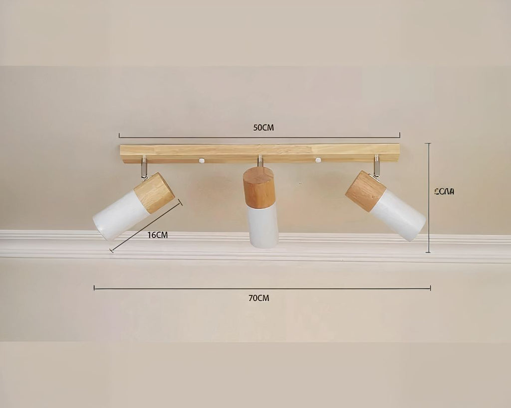 Lustre scandinave barre en bois à trois spots, vue 6