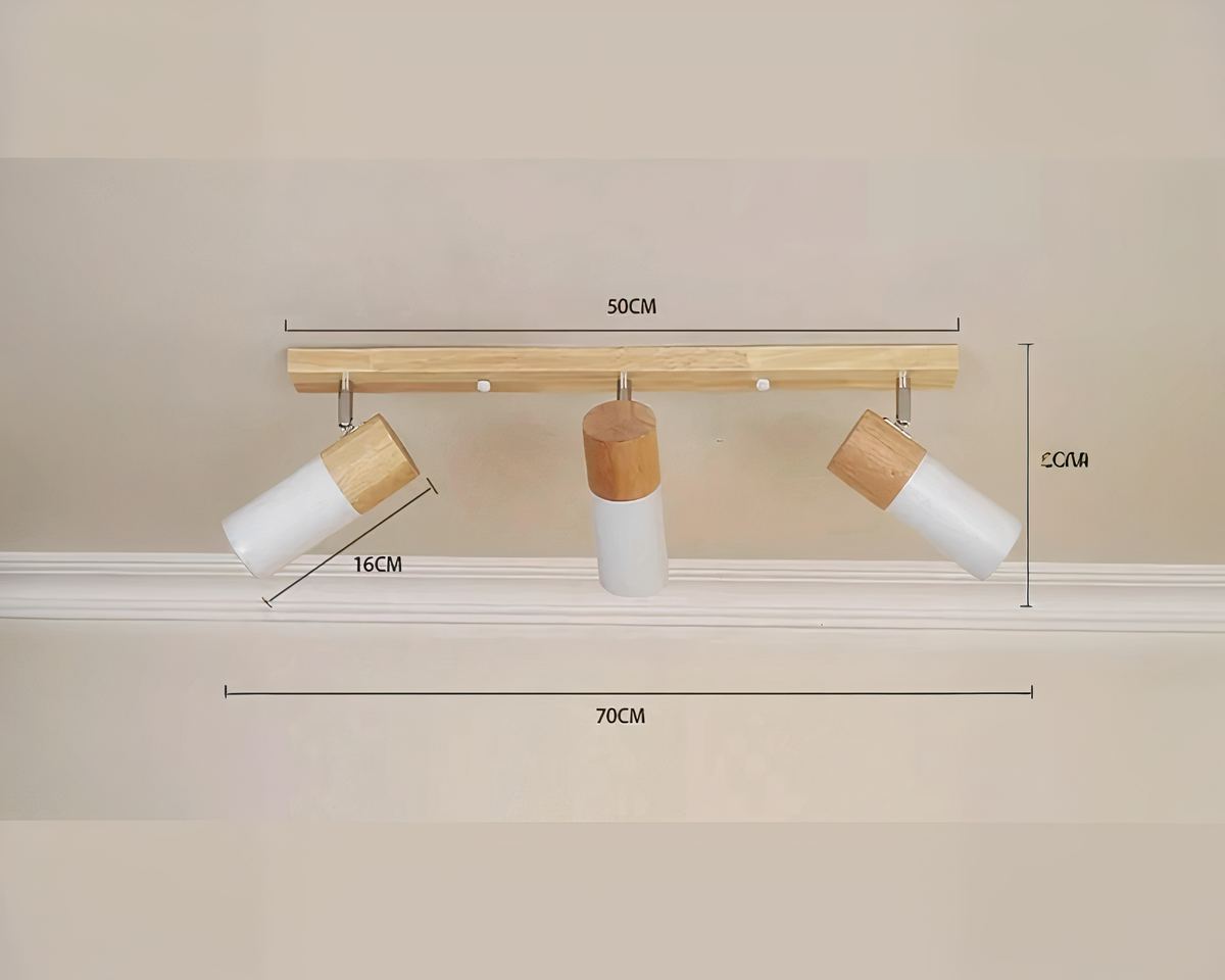 Lustre scandinave barre en bois à trois spots, vue 6