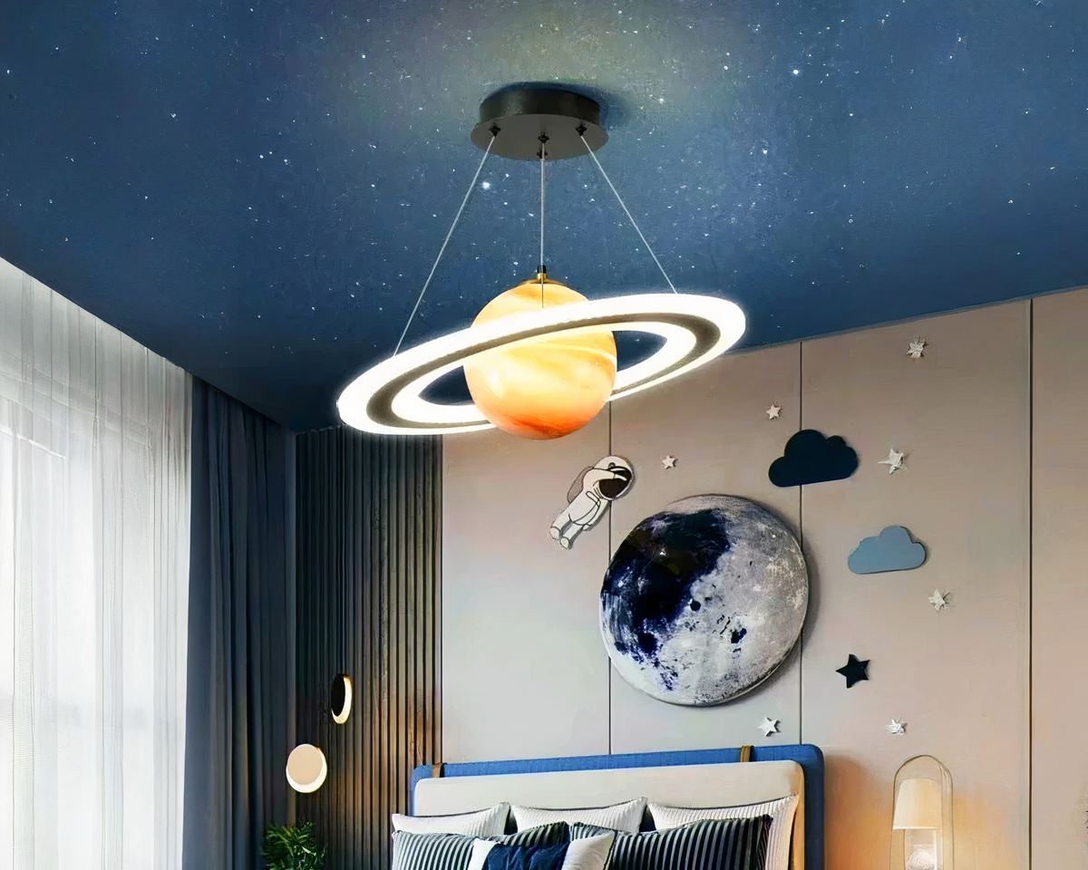 Lustre chambre ado planète à anneau lumineux, vue 4