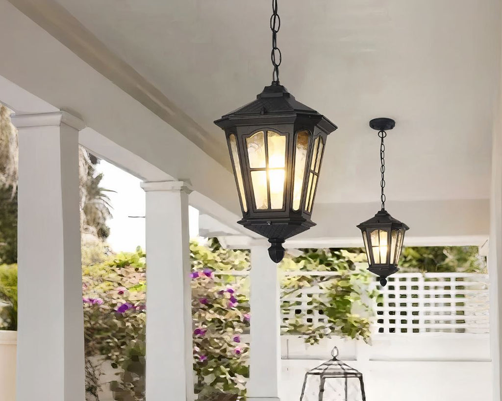 Lustre extérieur lanterne rétro en fer forgé noir, vue 2