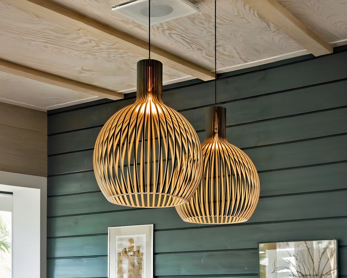 Lustre salle à manger en 42 lamelles de bois ajourées
