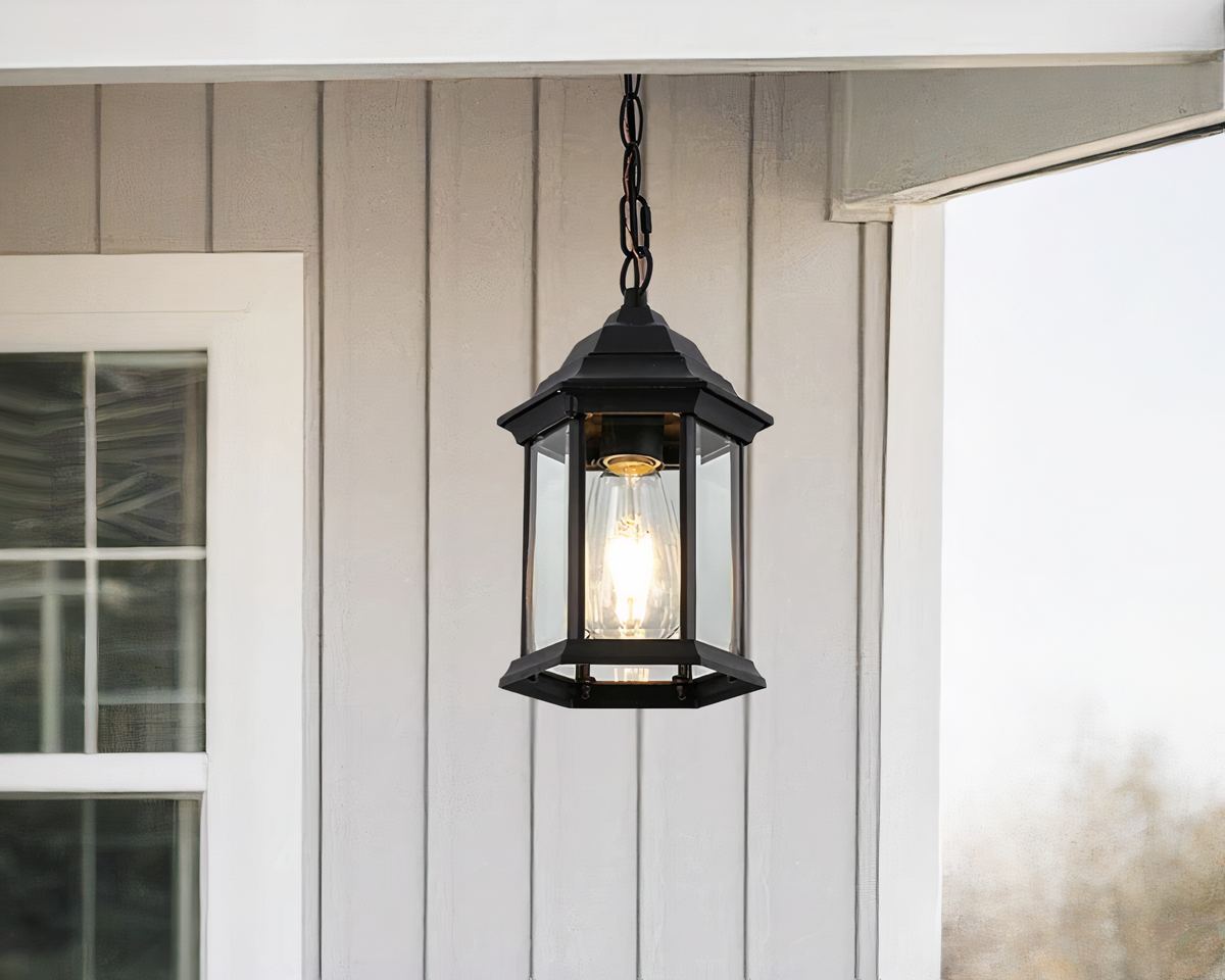Lustre extérieur géométrique noir et verre pour terrasse