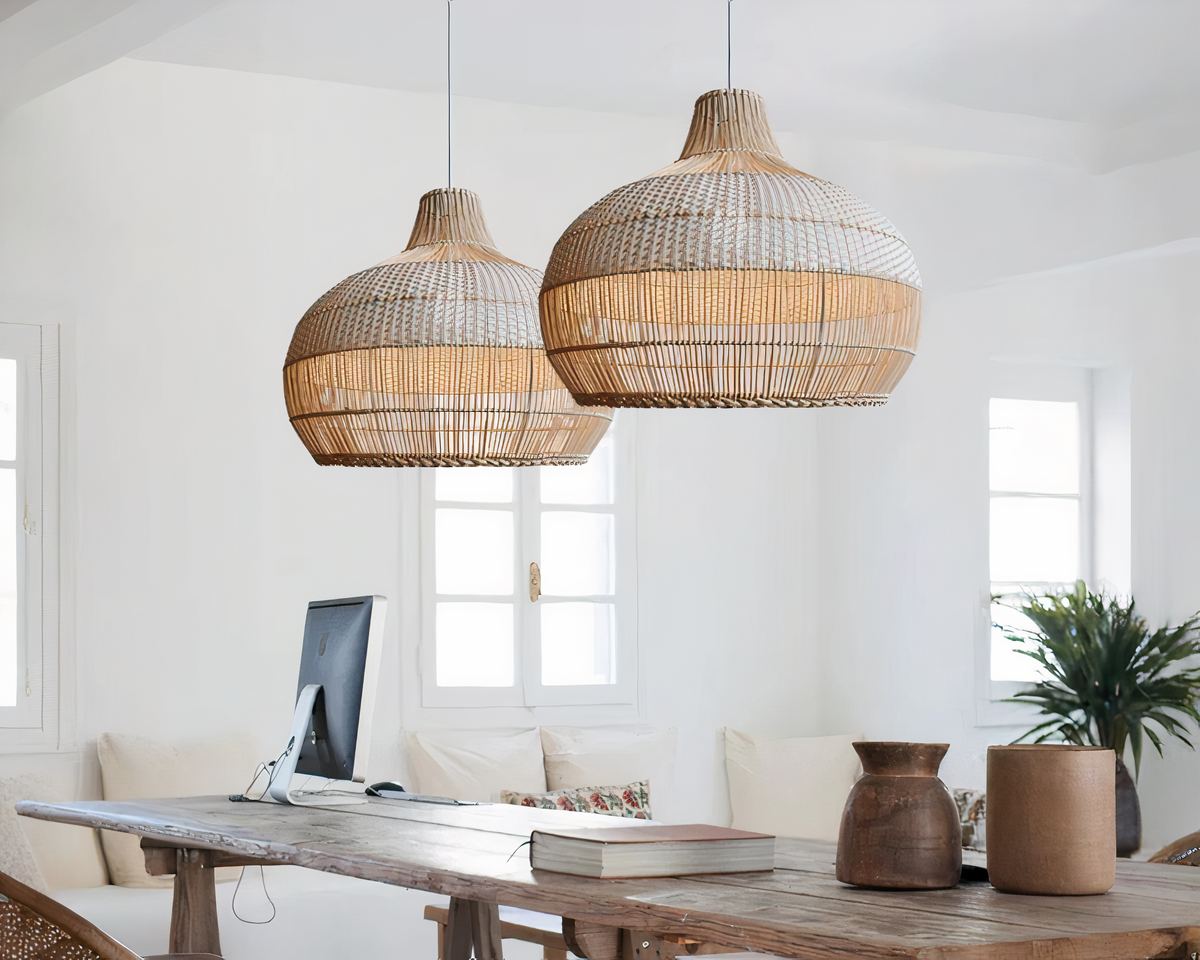 Lustre bohème rond en rotin, trois tailles