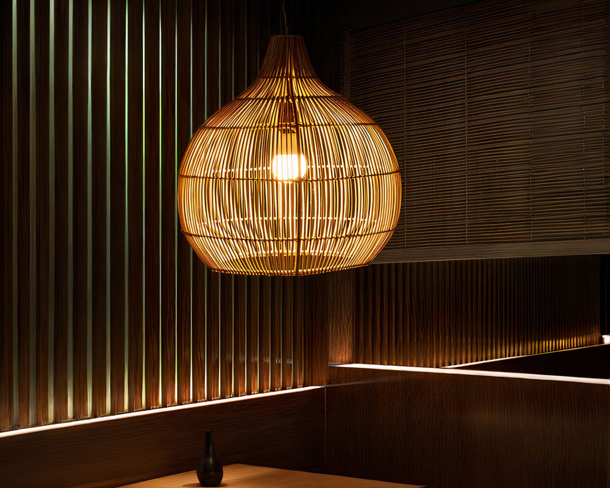 Lustre bohème tressé en rotin et bambou, vue 2