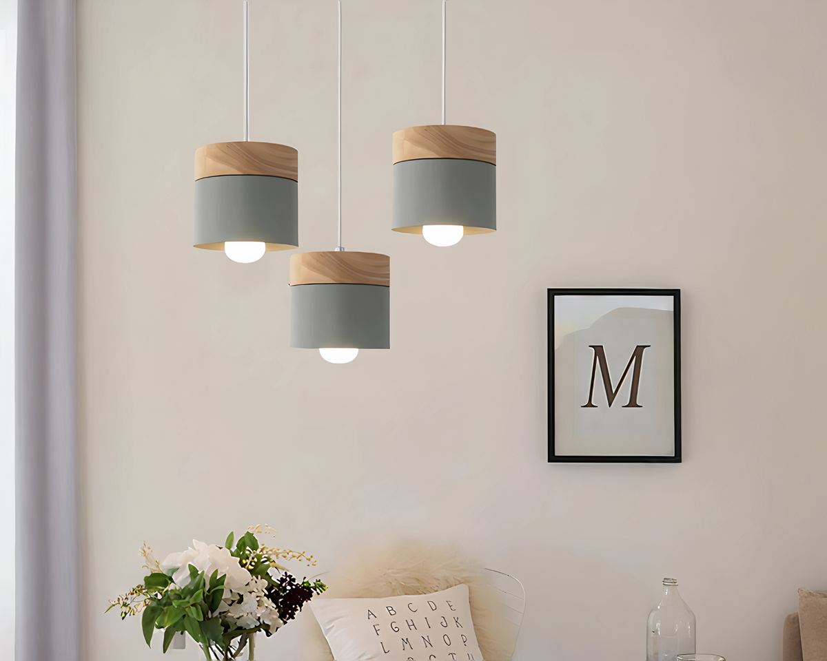 Lustre scandinave petit cylindre en métal mat et bois