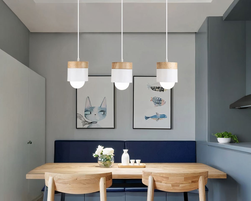 Lustre scandinave petit cylindre en métal mat et bois, vue 3