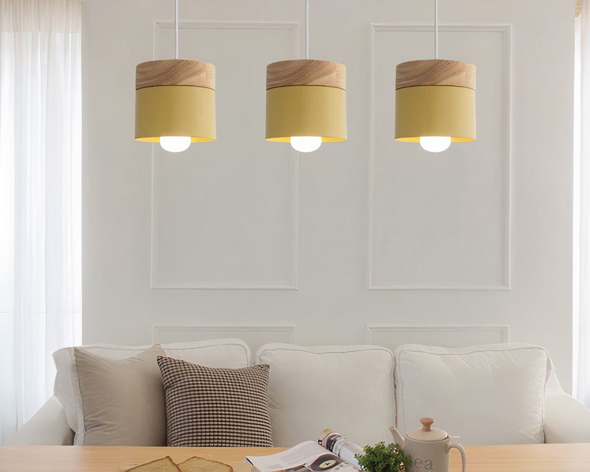 Lustre scandinave petit cylindre en métal mat et bois, vue 5