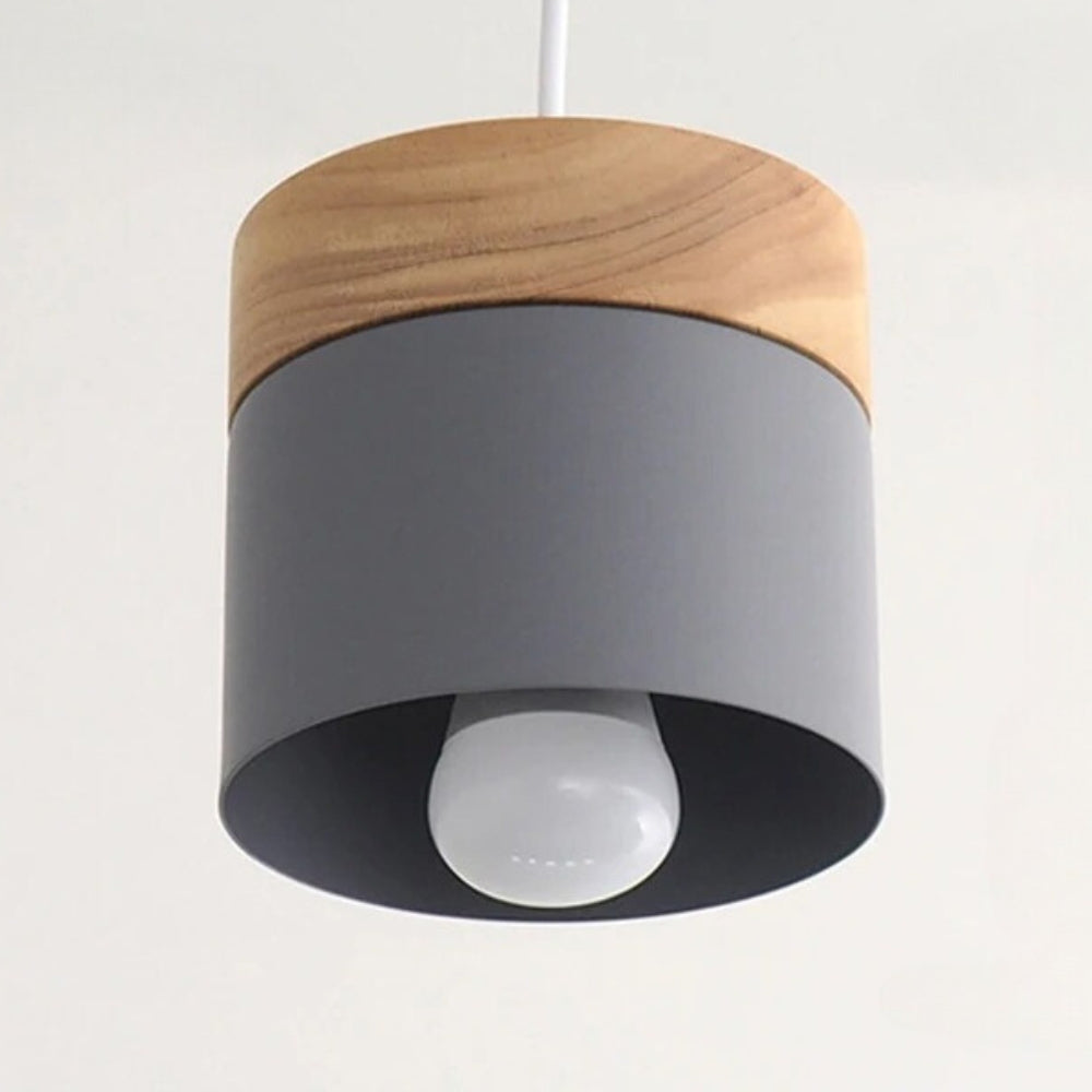 Lustre scandinave petit cylindre en métal mat et bois, vue 11