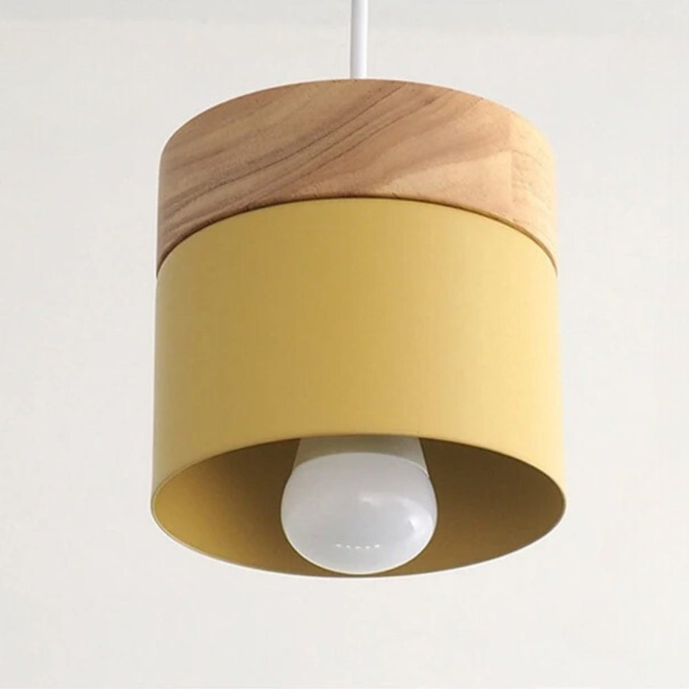 Lustre scandinave petit cylindre en métal mat et bois, vue 12
