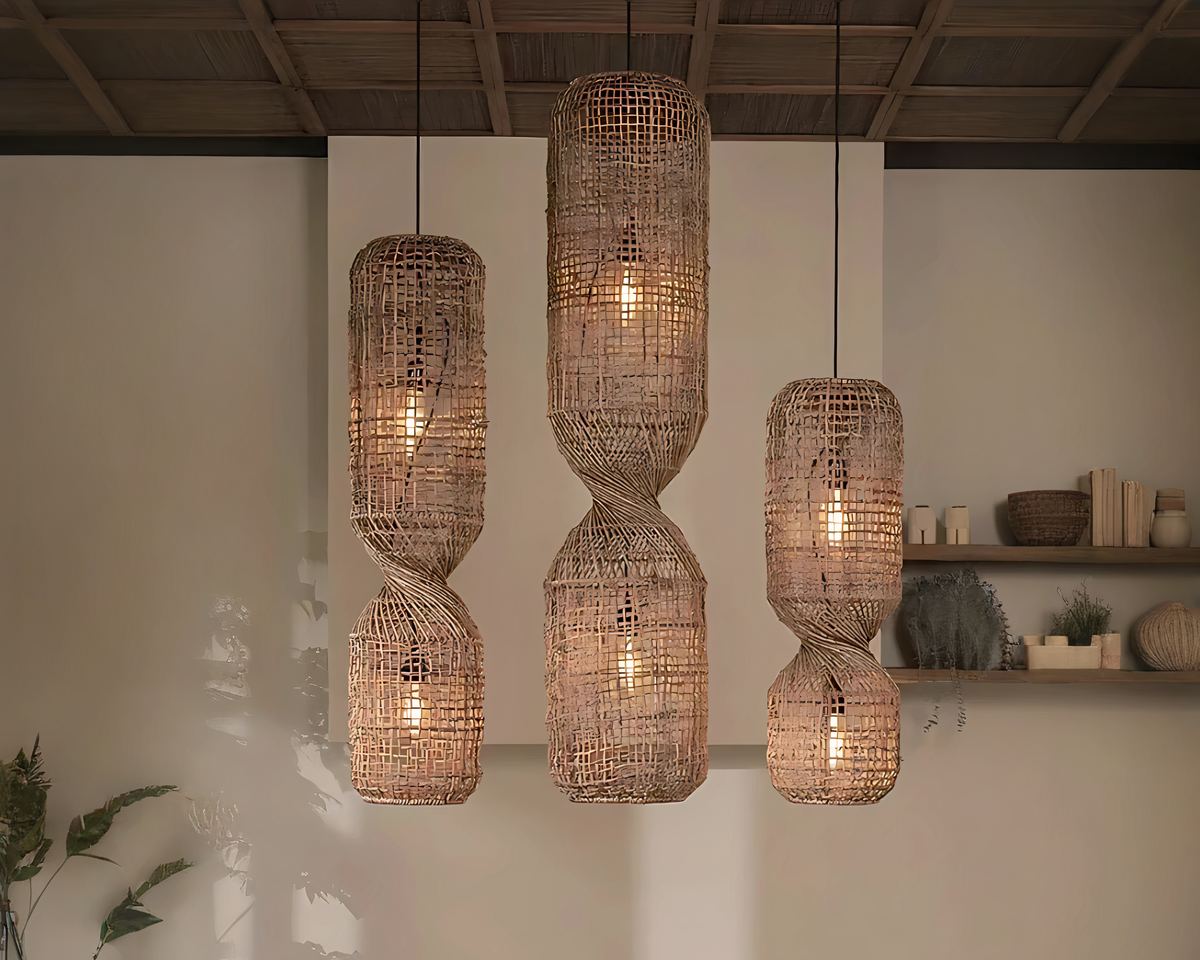 Lustre Bali allongé en rotin naturel vintage