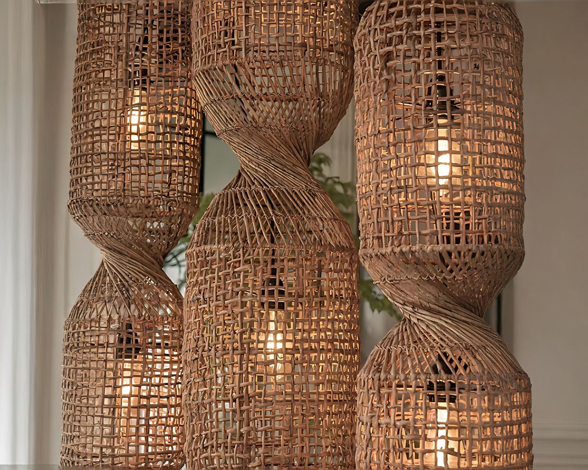 Lustre Bali allongé en rotin naturel vintage, vue 2