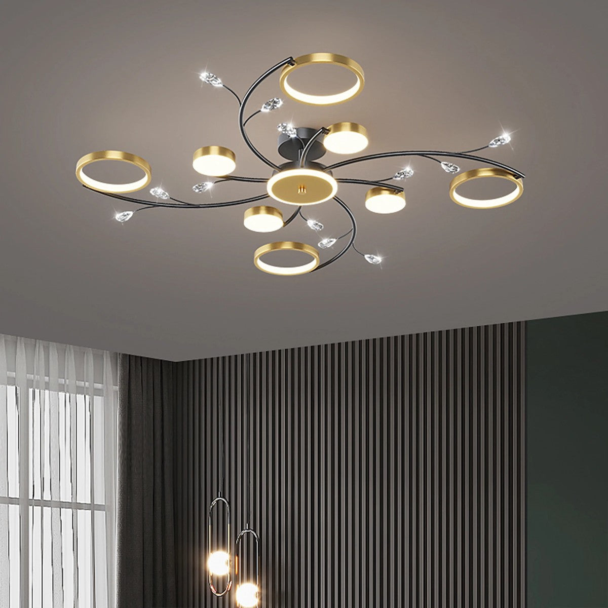 Lustre salon à anneaux et branches florales LED, vue 6