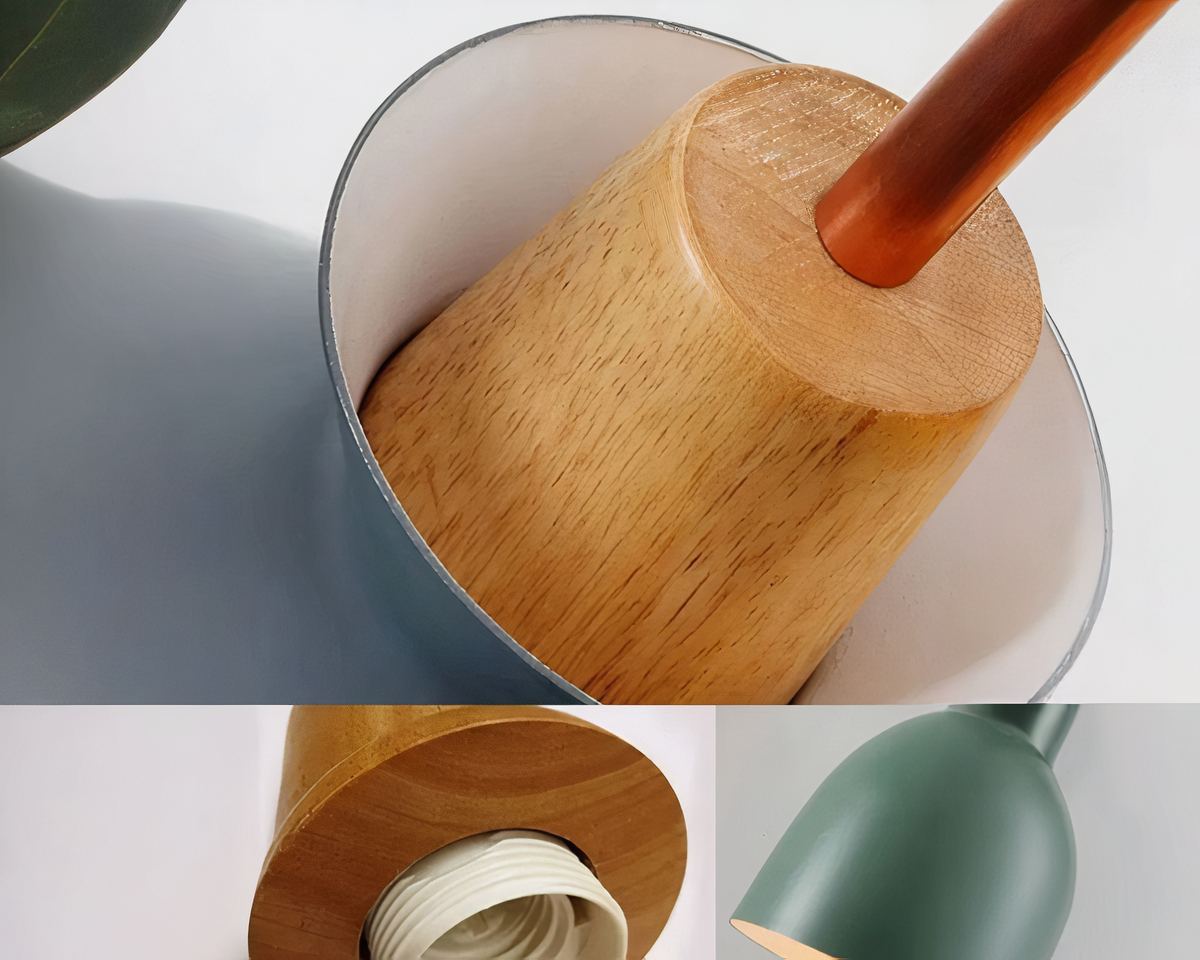 Lustre scandinave en métal coloré et attache en bois, vue 5