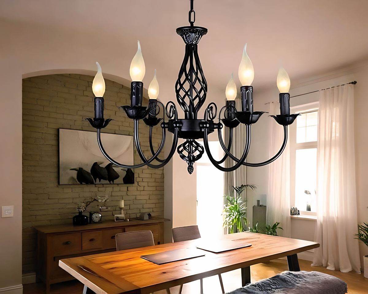 Lustre baroque noir à bougies effet flamme, vue 2