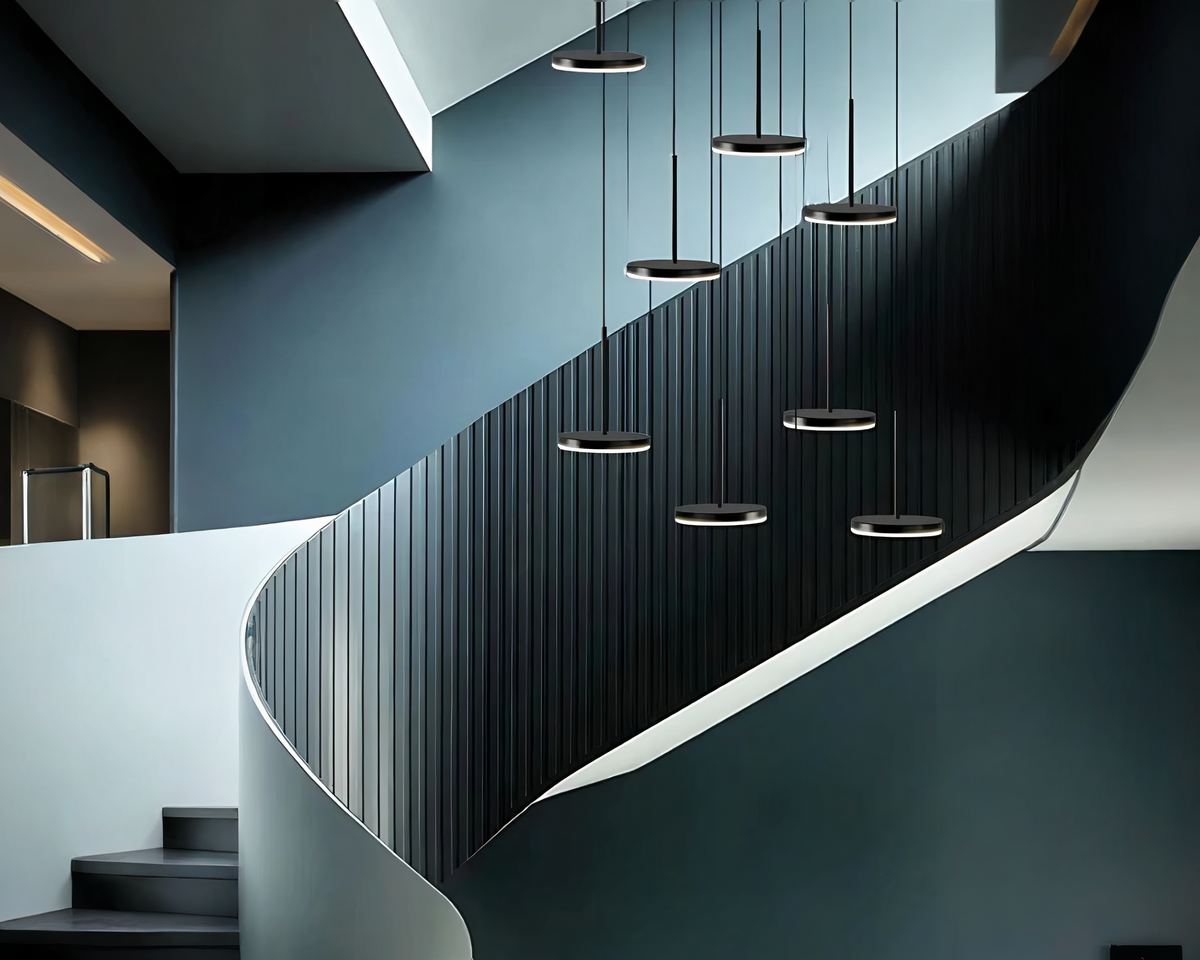Lustre escalier grappe de spots ronds noirs LED, vue 2
