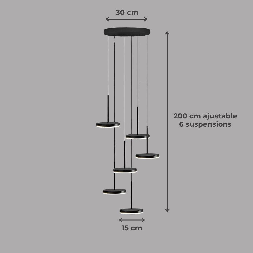 Lustre escalier grappe de spots ronds noirs LED, vue 6