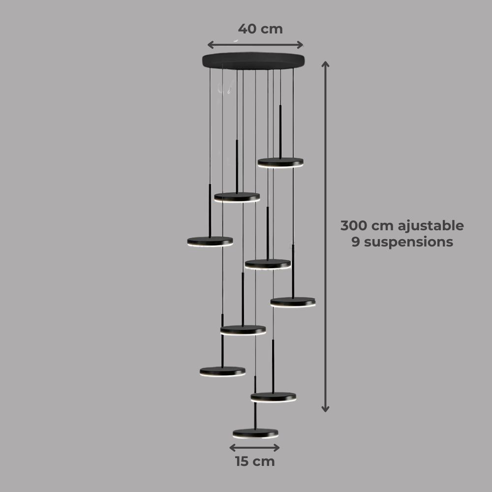 Lustre escalier grappe de spots ronds noirs LED, vue 7