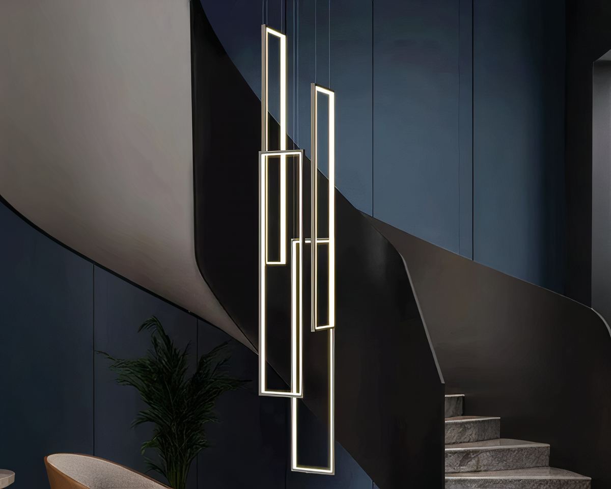 Lustre escalier rectangle lumineux vertical noir ou doré, vue 2