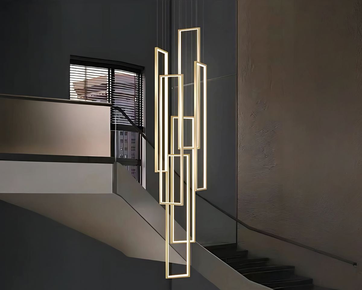 Lustre escalier rectangle lumineux vertical noir ou doré, vue 3