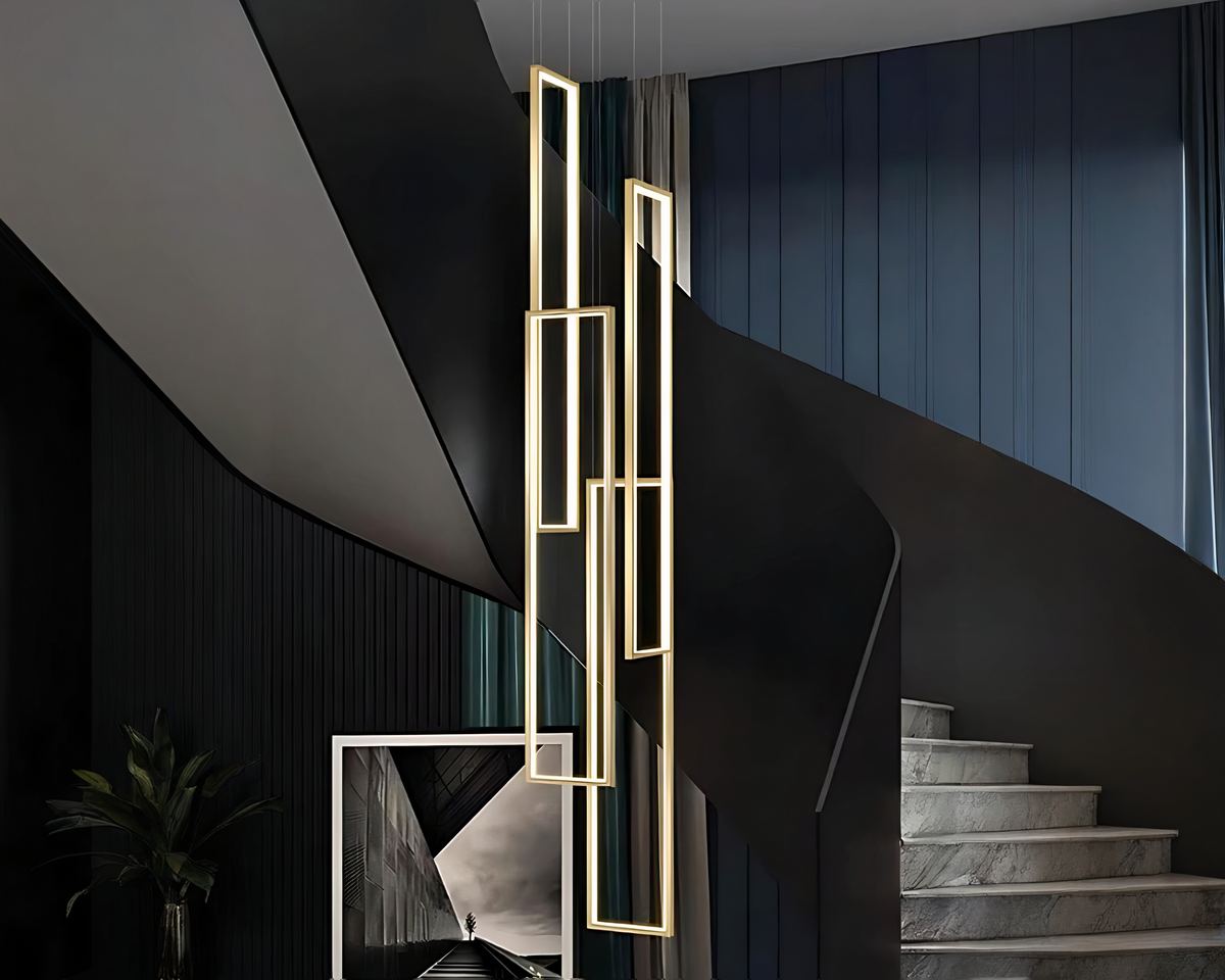 Lustre escalier rectangle lumineux vertical noir ou doré, vue 4