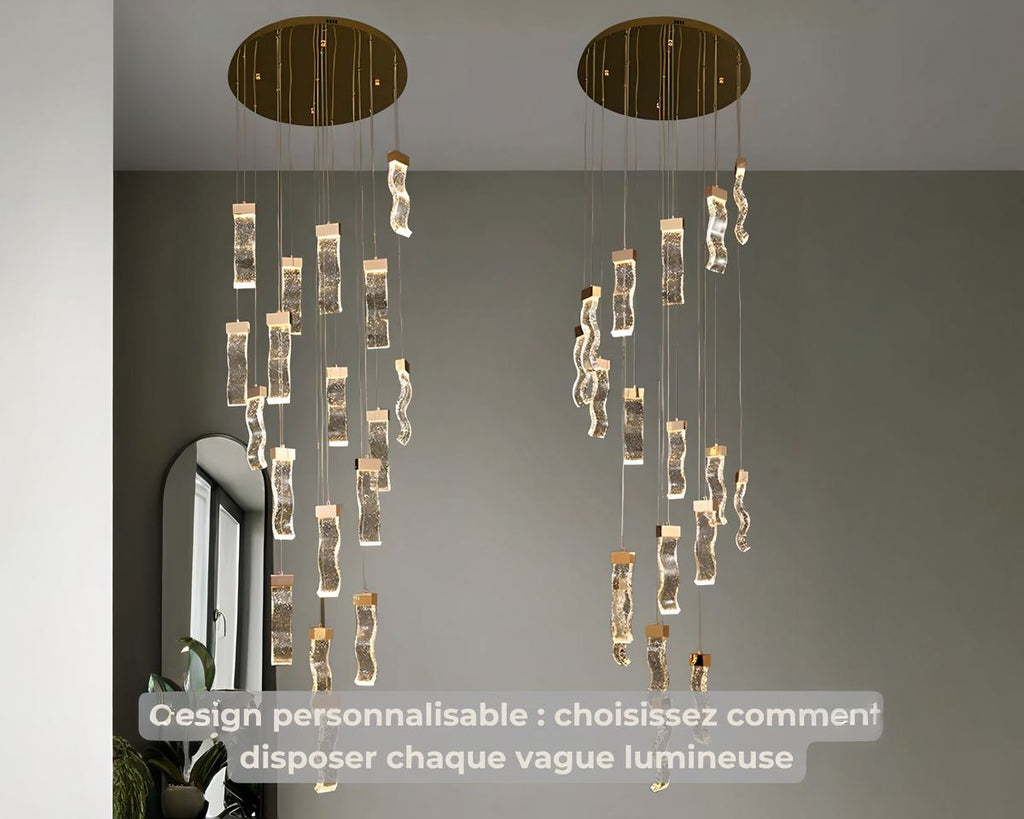 Lustre cristal cage d'escalier en vagues dorées, vue 4