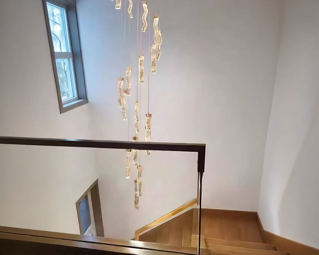 Lustre cristal cage d'escalier en vagues dorées, vue 8