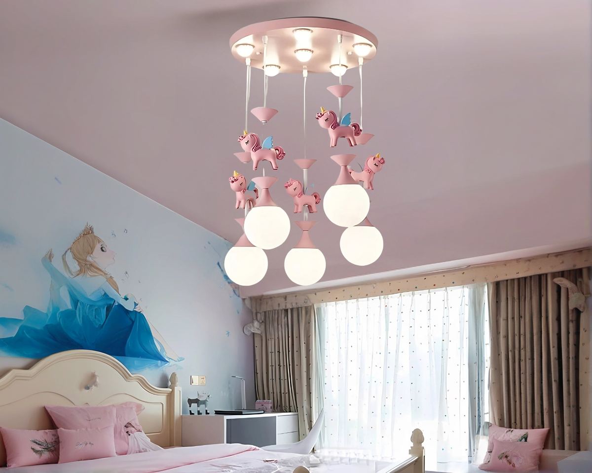 Lustre chambre manège rose et licornes en résine