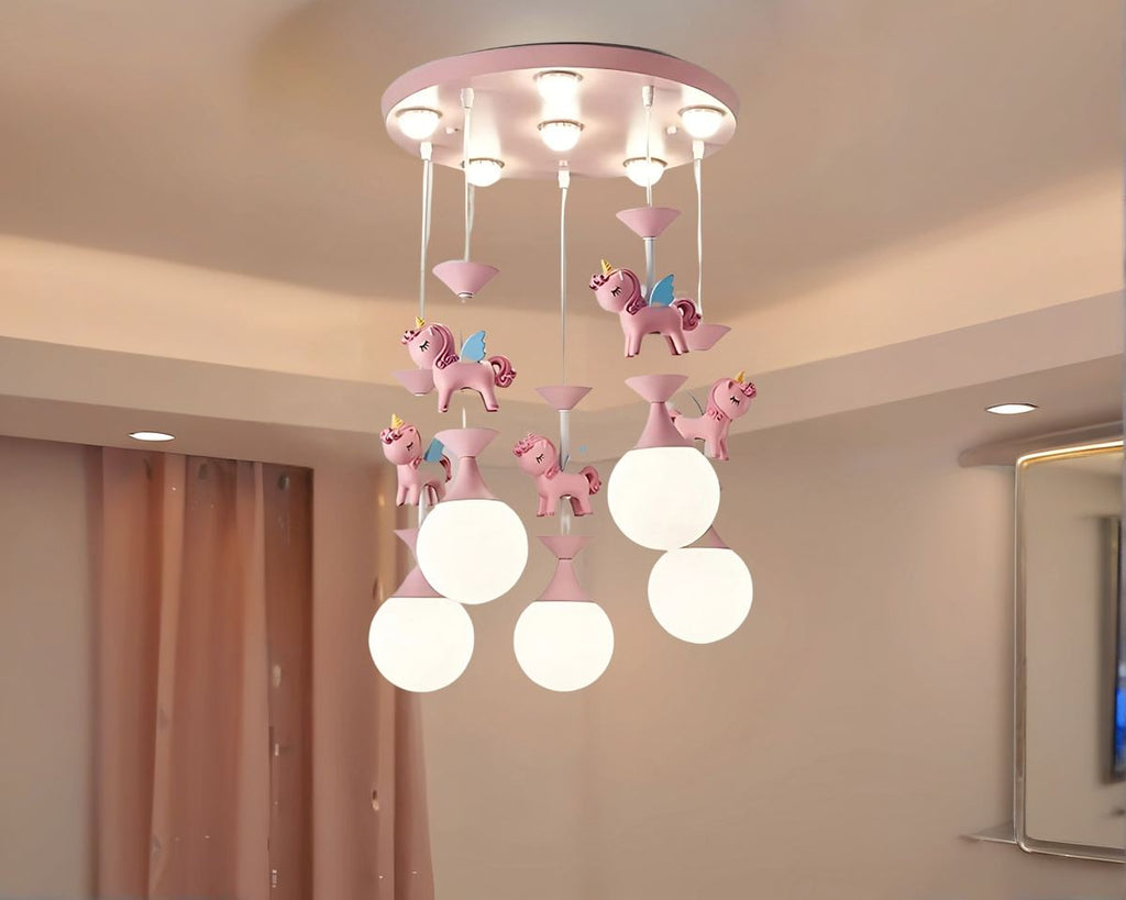 Lustre chambre manège rose et licornes en résine, vue 2