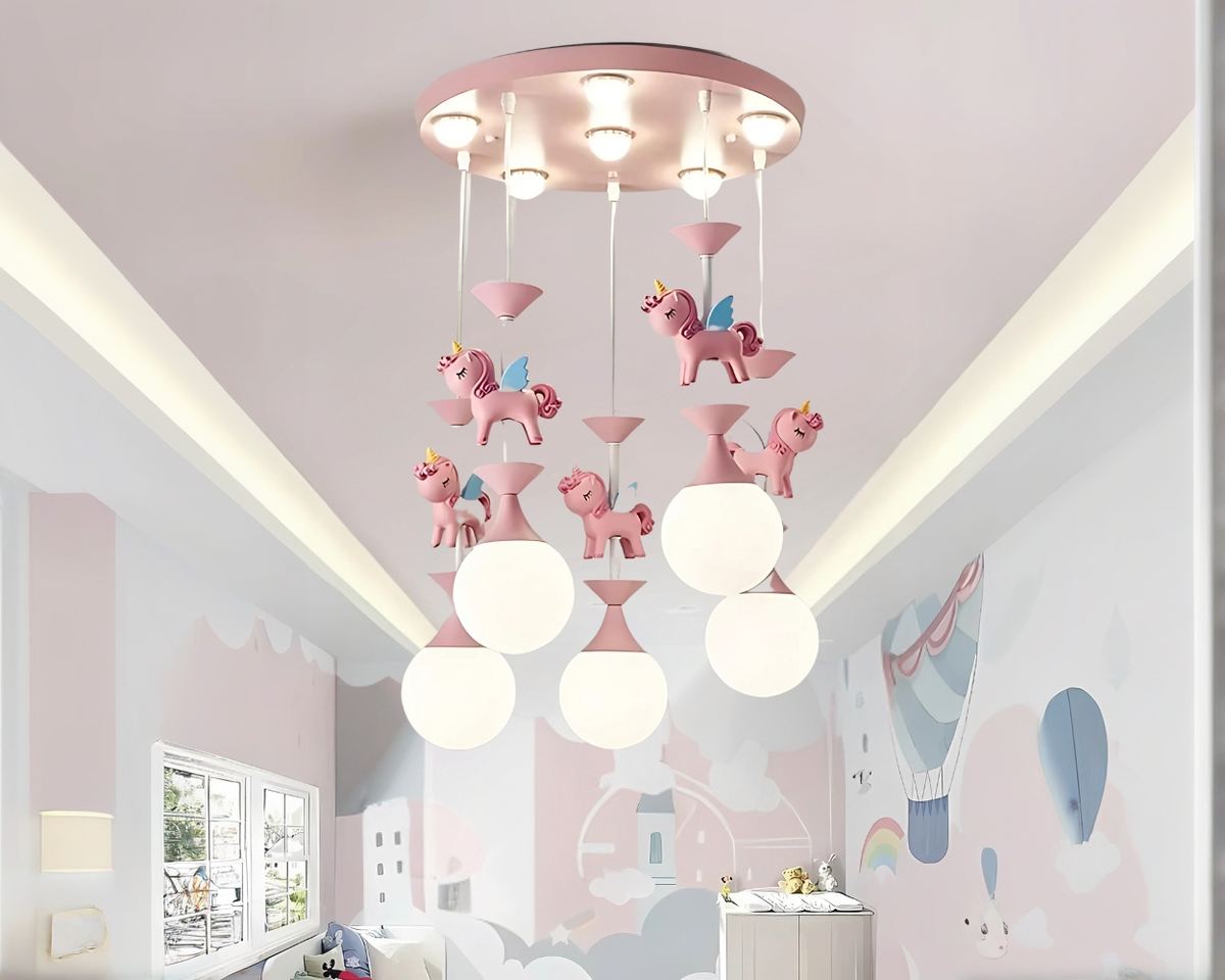 Lustre chambre manège rose et licornes en résine, vue 3