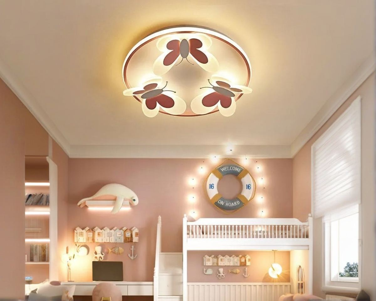 Lustre chambre plafonnier rond rose à papillons en relief
