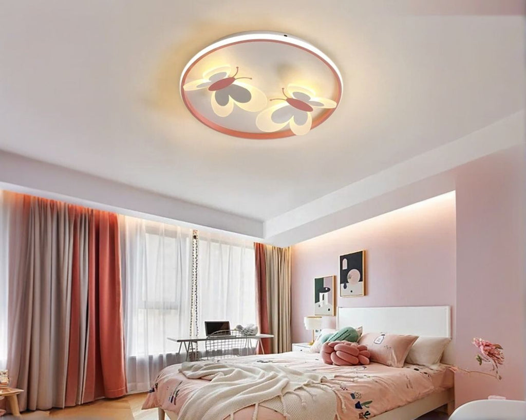 Lustre chambre plafonnier rond rose à papillons en relief, vue 3