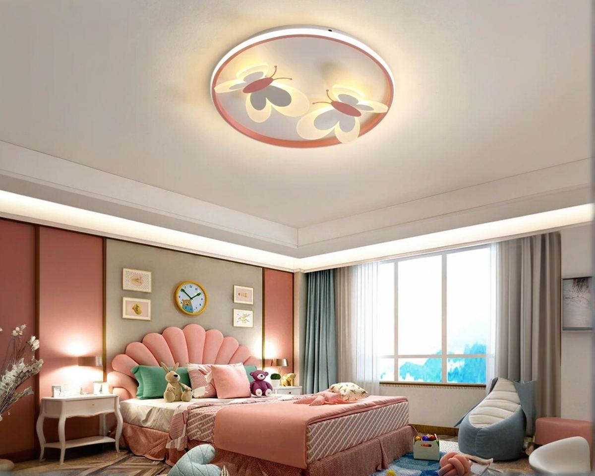 Lustre chambre plafonnier rond rose à papillons en relief, vue 4