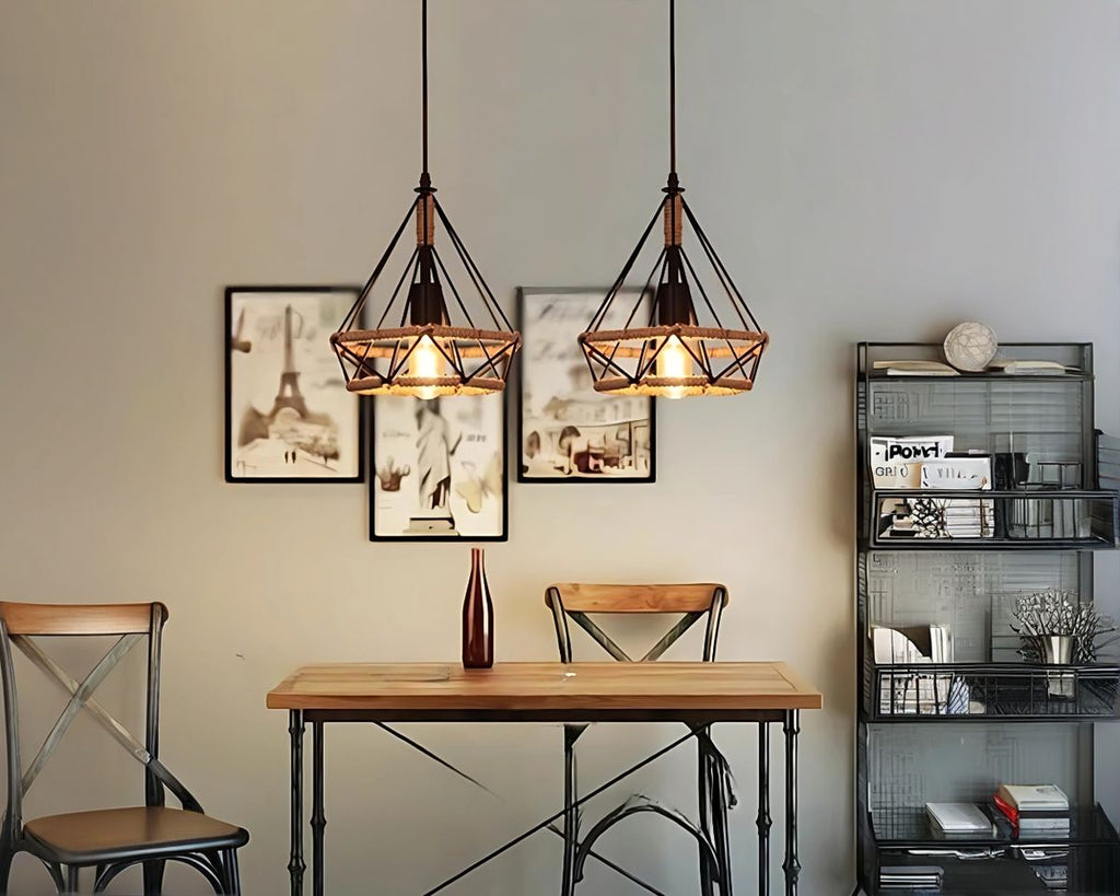 Lustre campagne cage en métal noir et corde, vue 6
