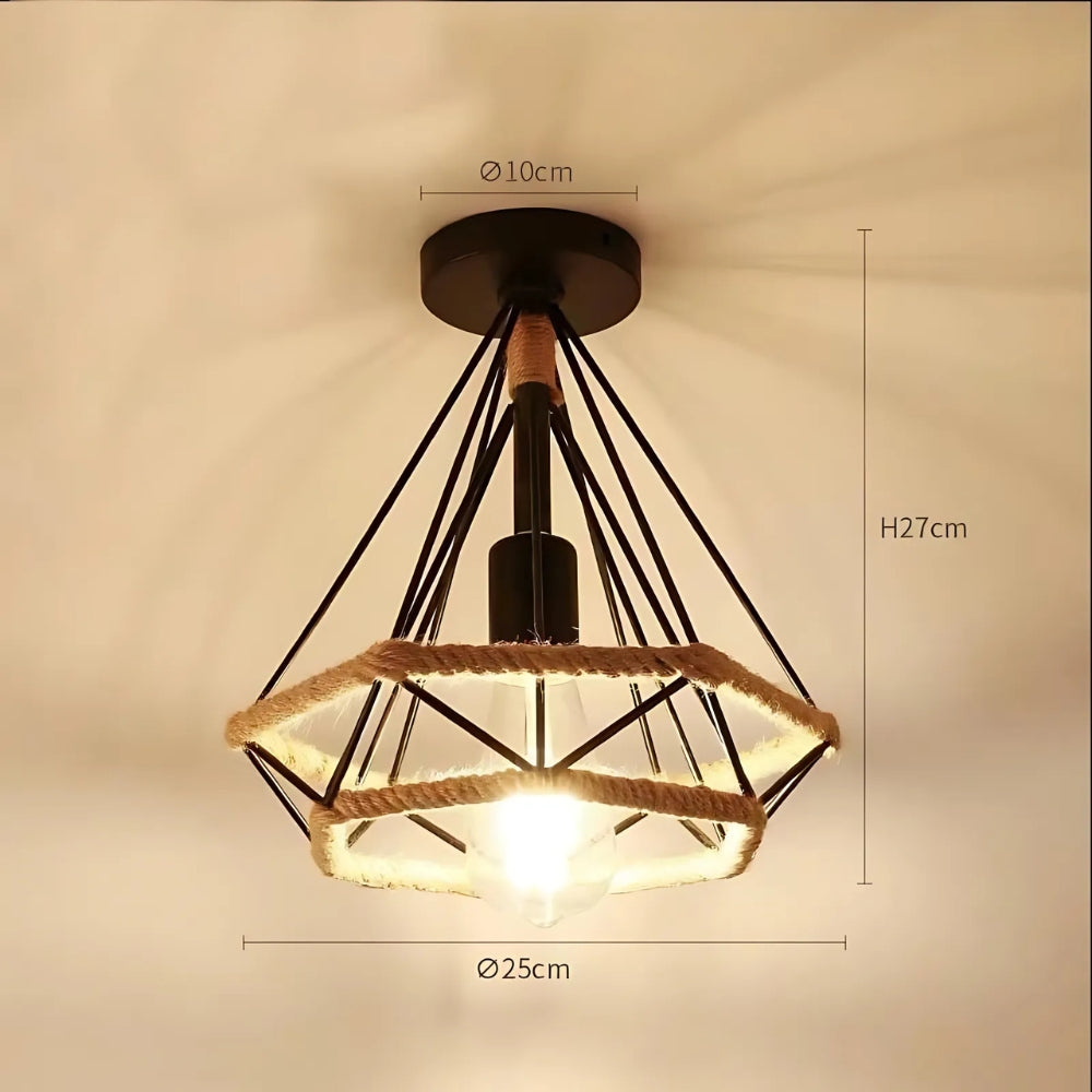 Lustre campagne cage en métal noir et corde, vue 8