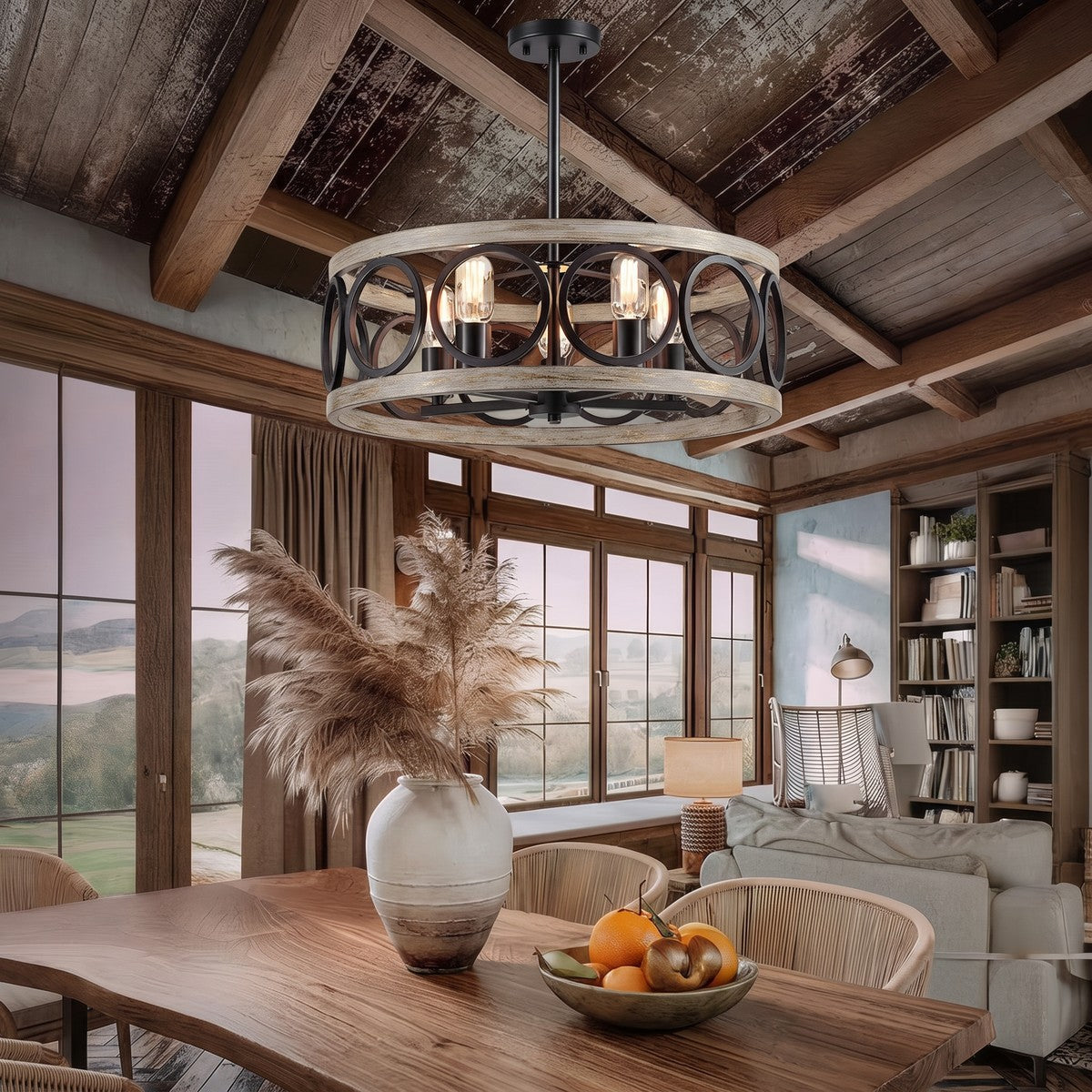 Lustre campagne anneau effet bois vieilli