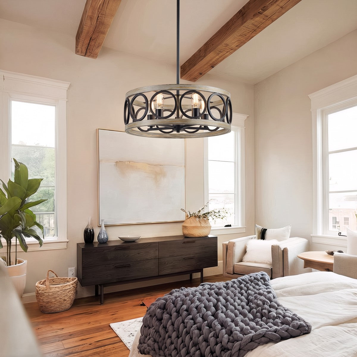 Lustre campagne anneau effet bois vieilli, vue 4