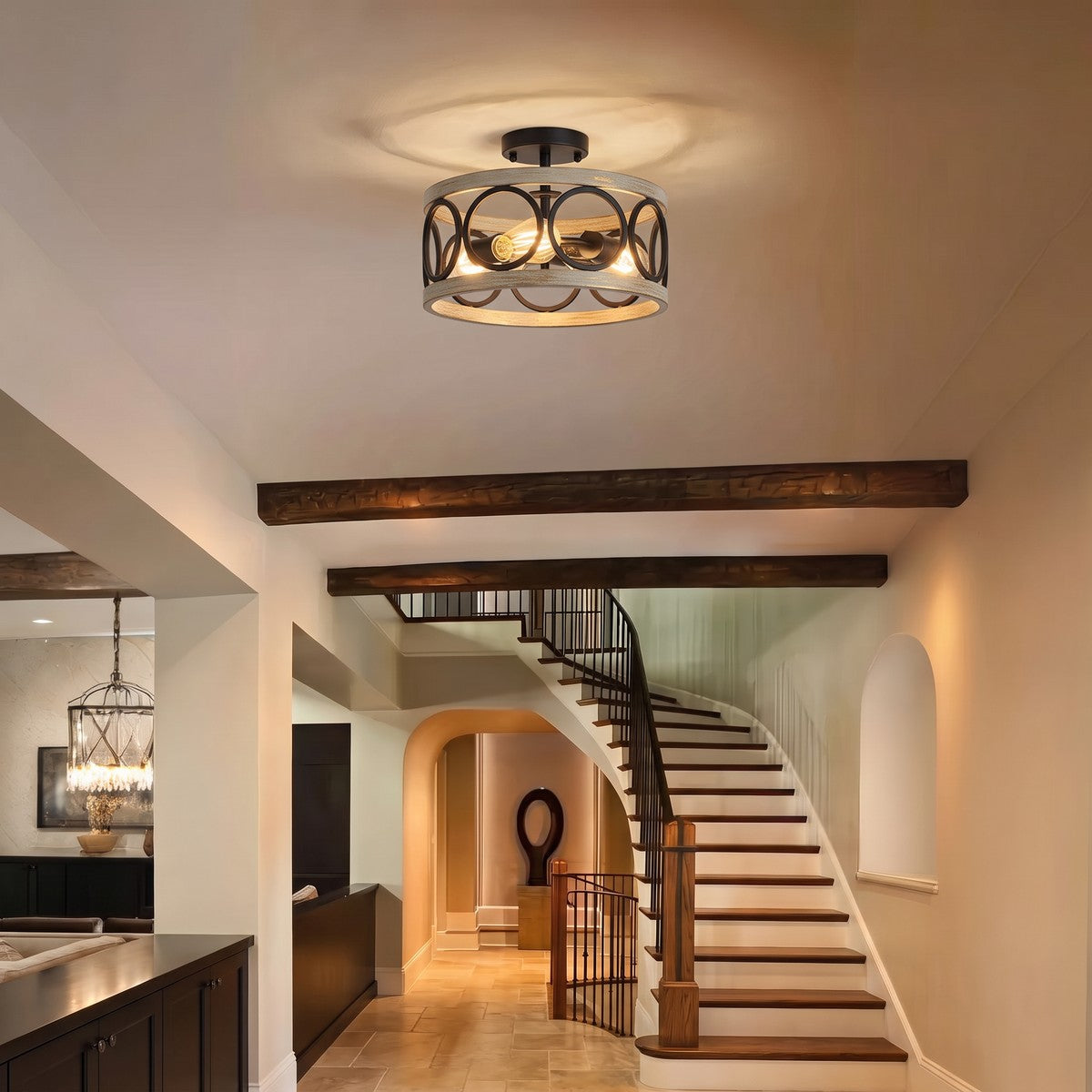 Lustre campagne anneau effet bois vieilli, vue 6